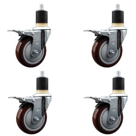 Service Caster 4'' Maroon Poly Swivel 1-7/8'' Expanding Stem Caster Set Total Lock Brake, 4PK SCC-EXTTL20S414-PPUB-MRN-178-4
